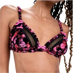 For Love & Lemons Floral Mesh Ruffle Bra Pink Black XL